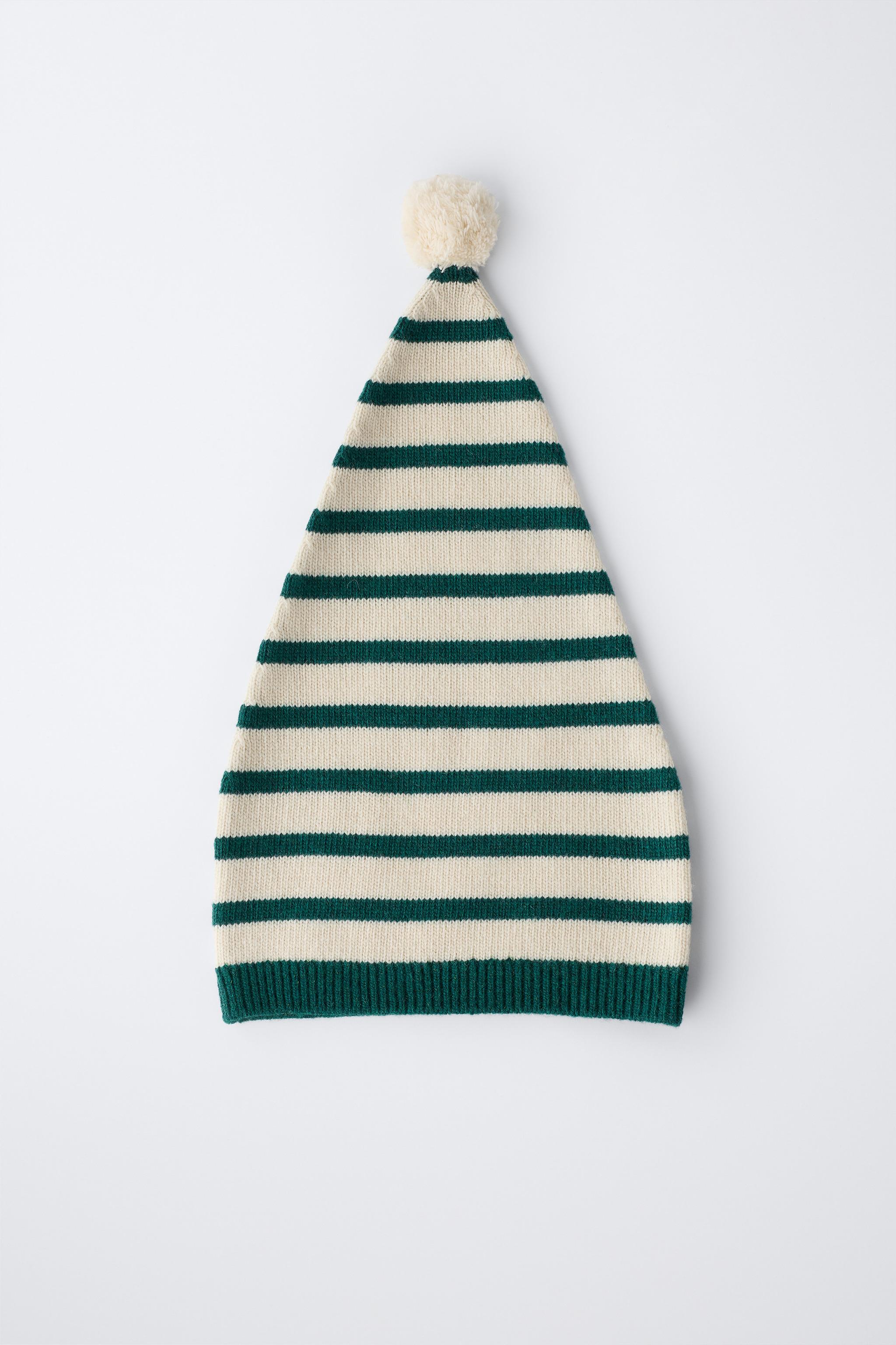 STRIPED KNIT HAT WITH WOOL POMPOM